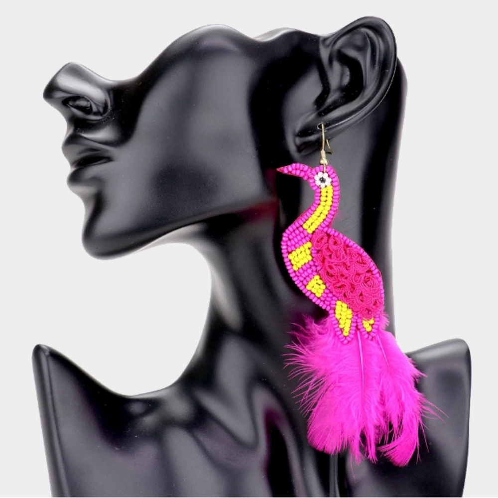 Felt Back Seed Bead Feather Peacock Earrin…